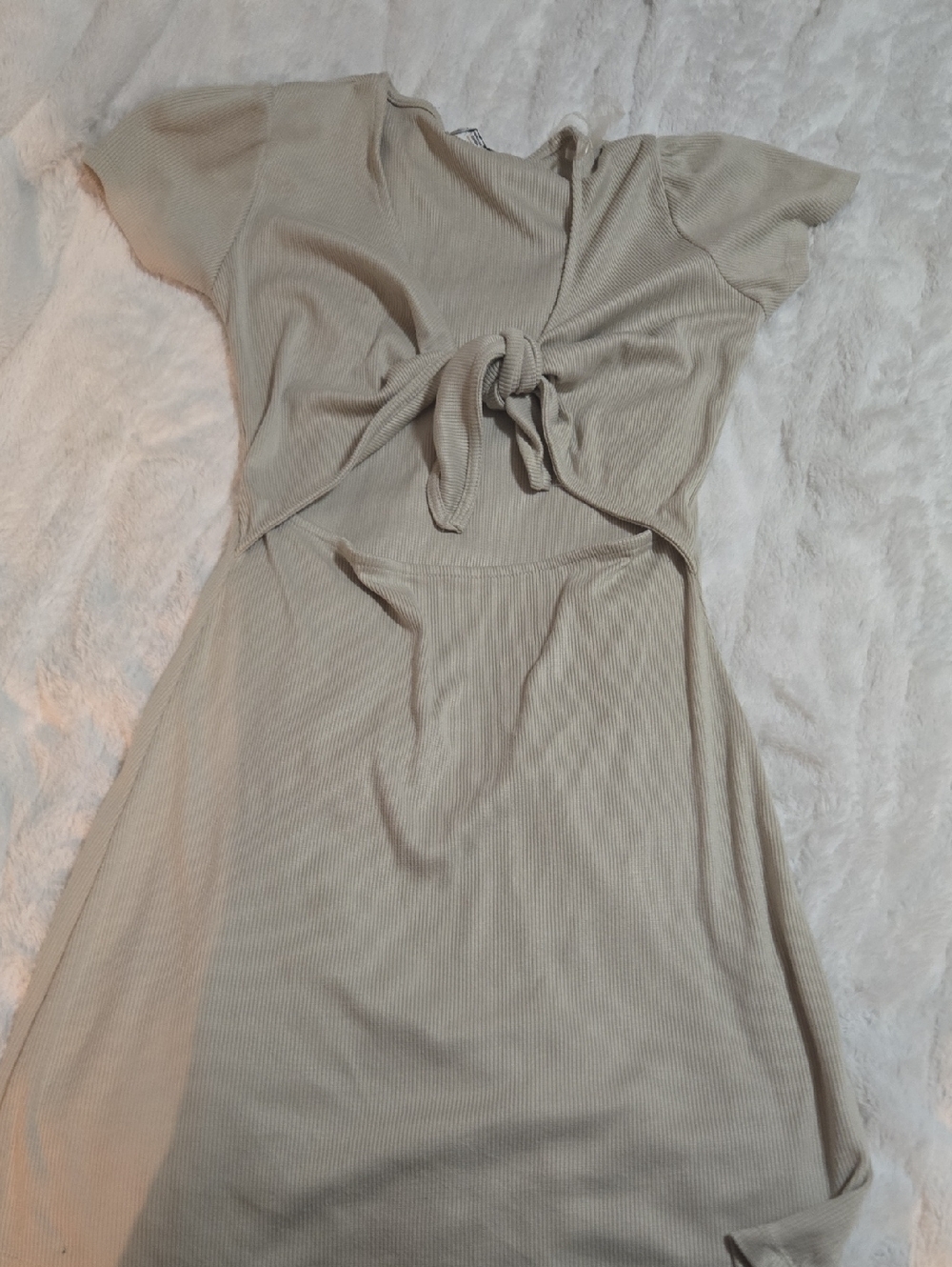 Poof! Ribbed Tie-Front Dress in Beige